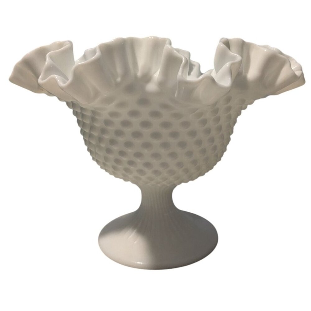 Vintage Fenton Hobnail Milk Glass Pedestal Compote Vase Ruffled Edge